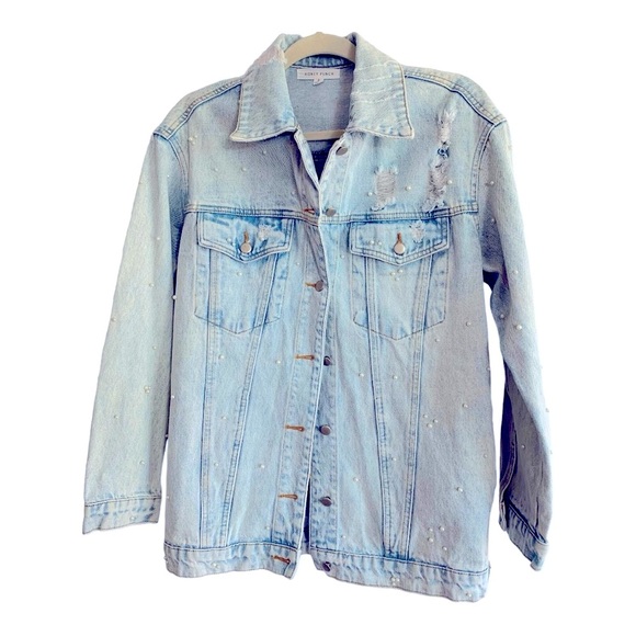 Honey Punch Pearl Embellished Jean Jacket Sz S - Picture 2 of 6